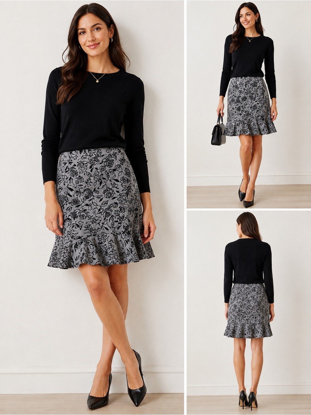 Ann Taylor LOFT Floral Flounce Hem Skirt Gray Black Size 2